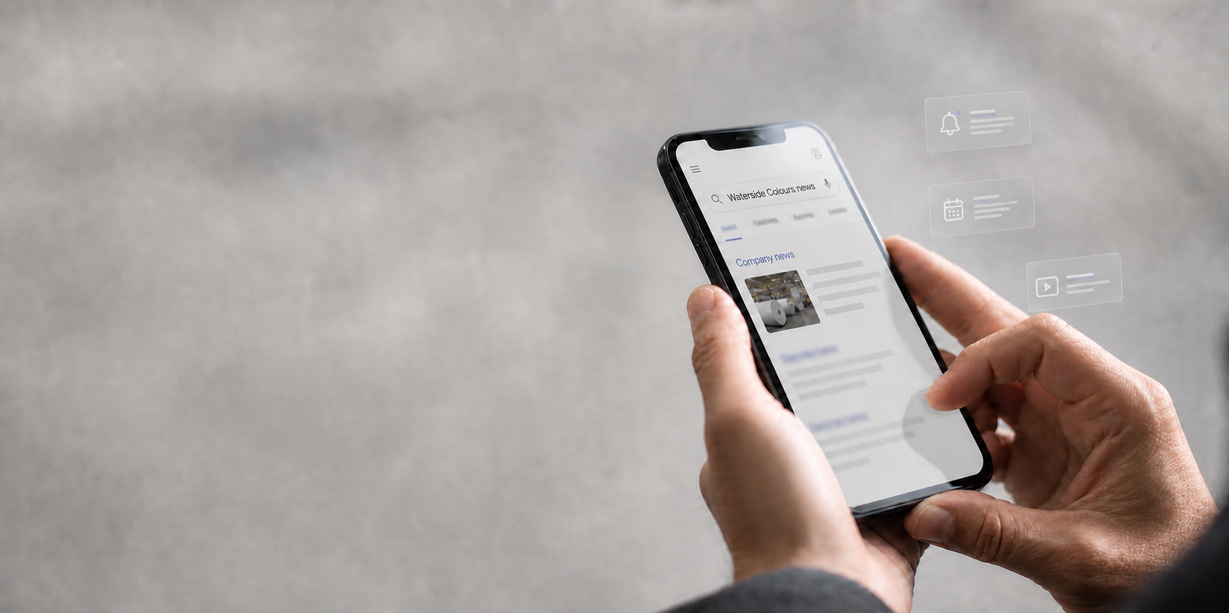 A person browsing Waterside Colours company news on a smartphone