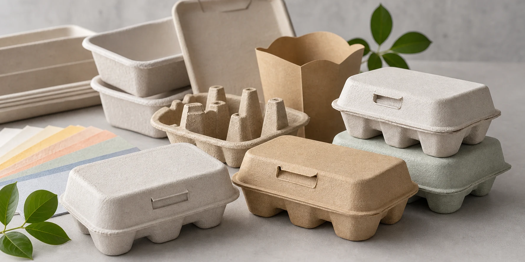 Coloured moulded-fibre egg boxes made from recycled and virgin fibre