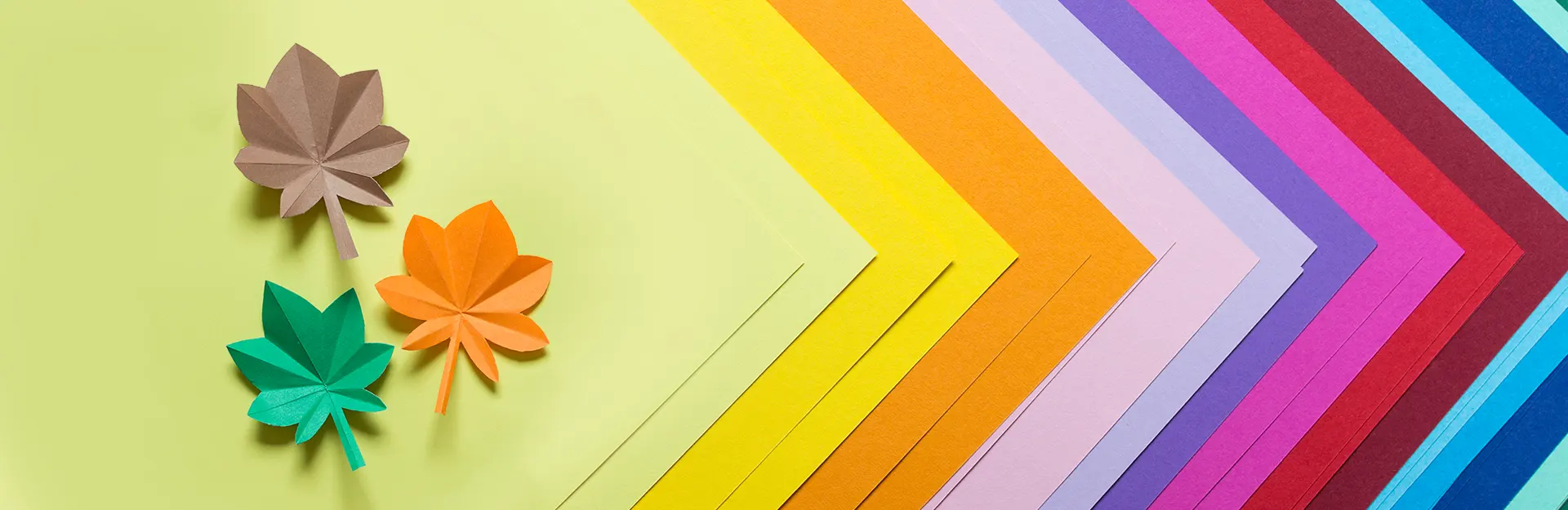 A broad spectrum of coloured paper sheets and folded paper forms