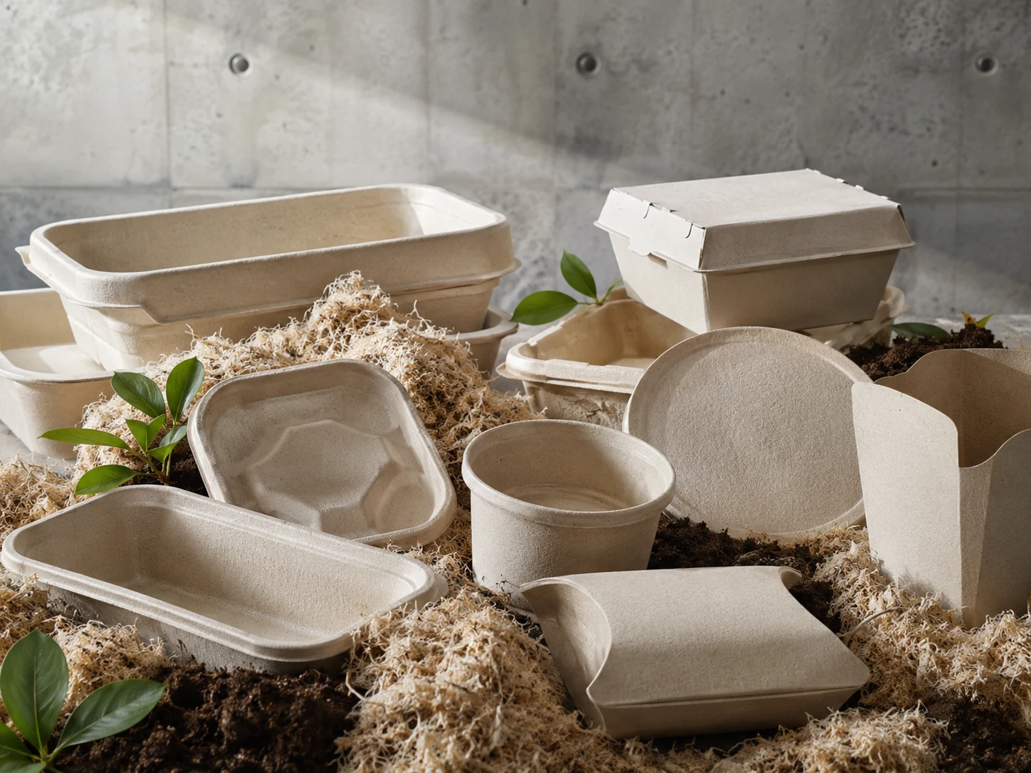 Moulded-fibre packaging with natural compost and plant material