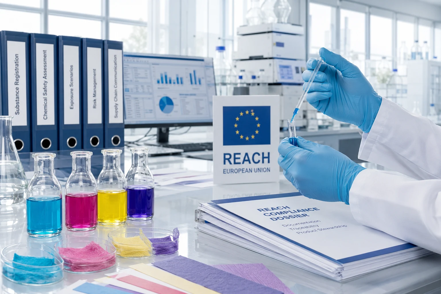 REACH compliance testing and product-stewardship documentation in a laboratory