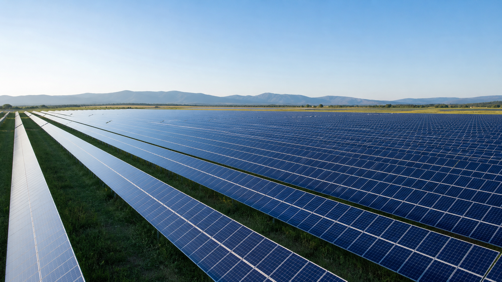 Expansive rows of solar panels across an open natural landscape